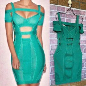 House of CB Caltina Bandage Mesh Bardot Cut out Mini Dress Size Small